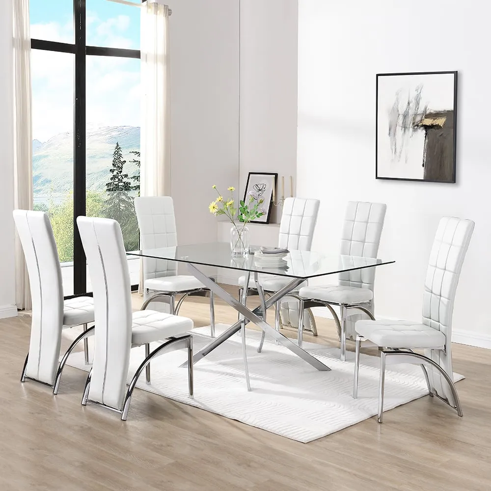 Daytona Large Glass Dining Table with 6 Ravenna Chairs - White