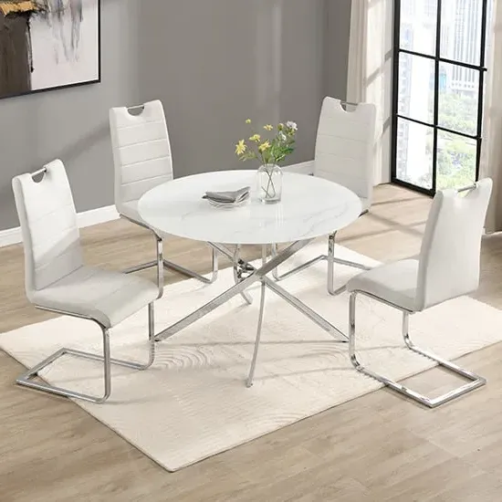 Daytona Round Dining Set with 4 Petra Chairs - White, Glass