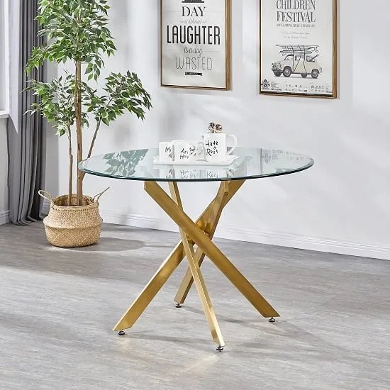 Daytona Round Dining Table - Clear Glass, Brushed Gold image