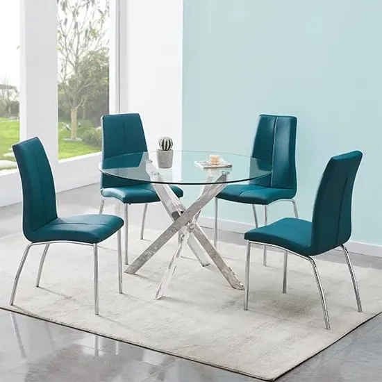 Daytona Round Dining Table with 4 Opal Chairs - Clear Glass, Teal