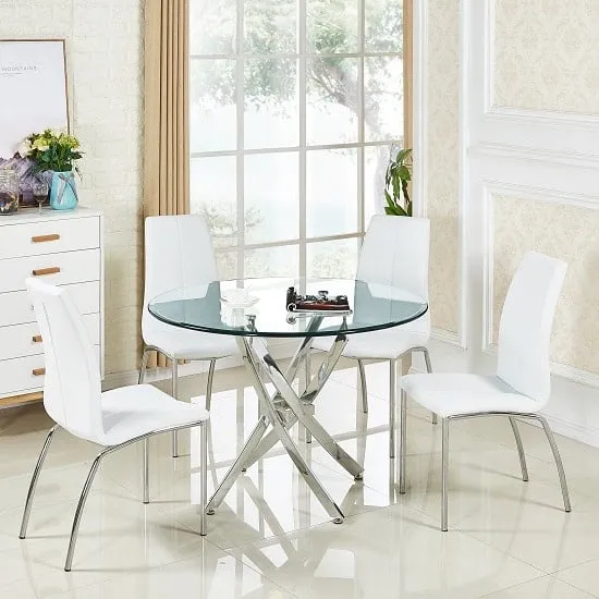 Daytona Round Dining Table with 4 Opal Chairs - Clear Glass, White