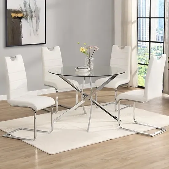 Daytona Round Glass Dining Table with 4 Petra Chairs - White