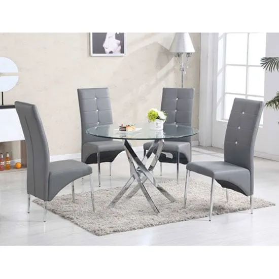 Daytona Round Glass Dining Table with 4 Vesta Chairs - Grey