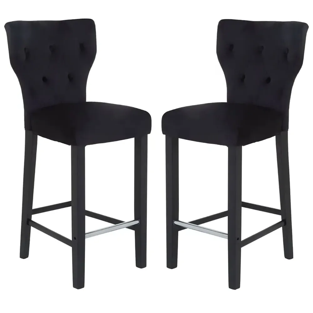 Deadwood Bar Stools In Pair - Black, Velvet
