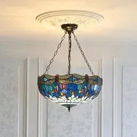Dearborn Blue Tiffany Glass Inverted Pendant Light - Blue, Satin Black