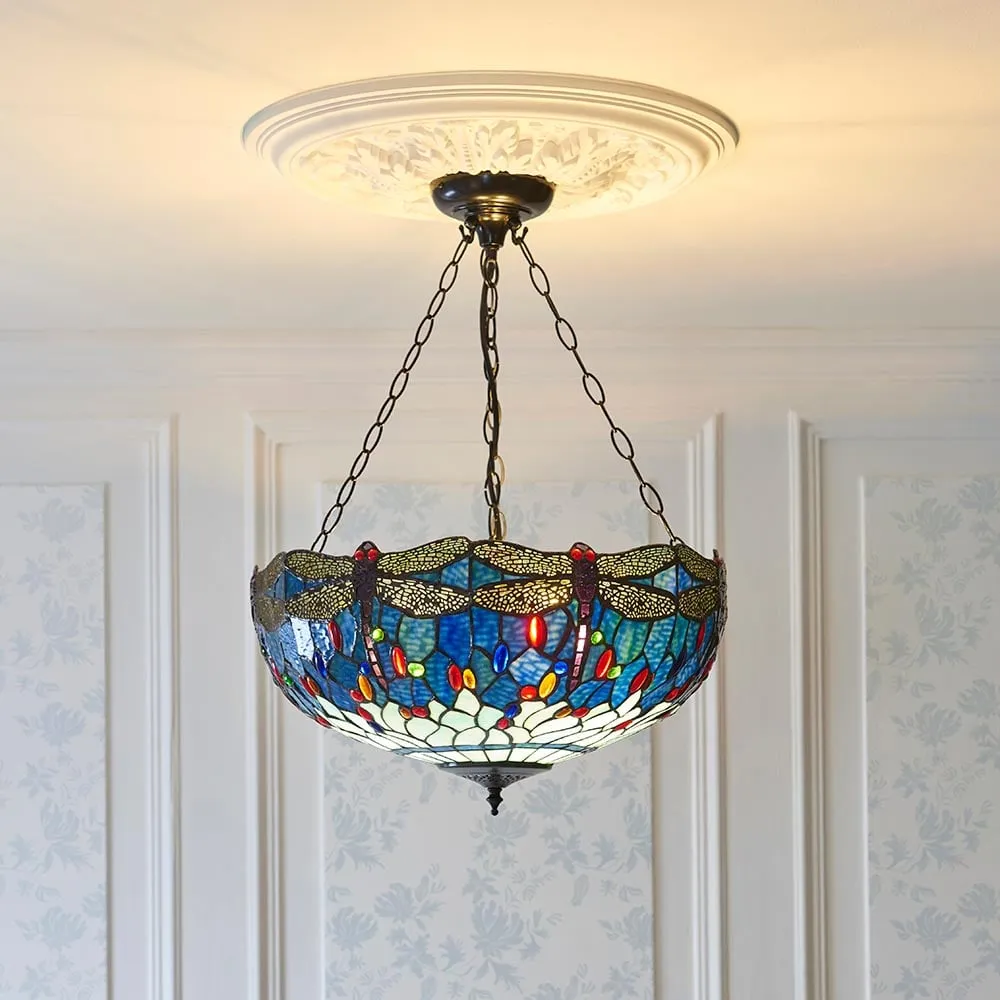 Dearborn Blue Tiffany Glass Inverted Pendant Light - Blue, Satin Black