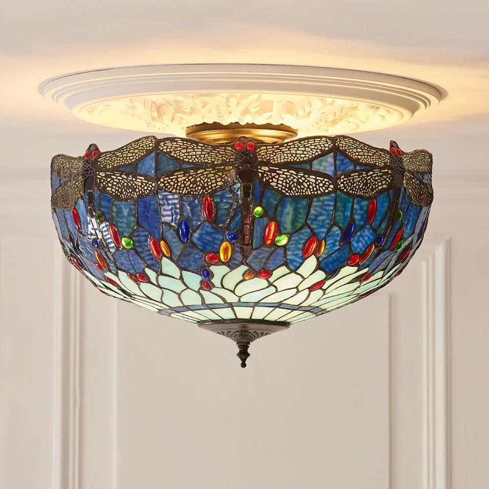 Dearborn Large Tiffany Glass Semi Flush Light - Multicolour