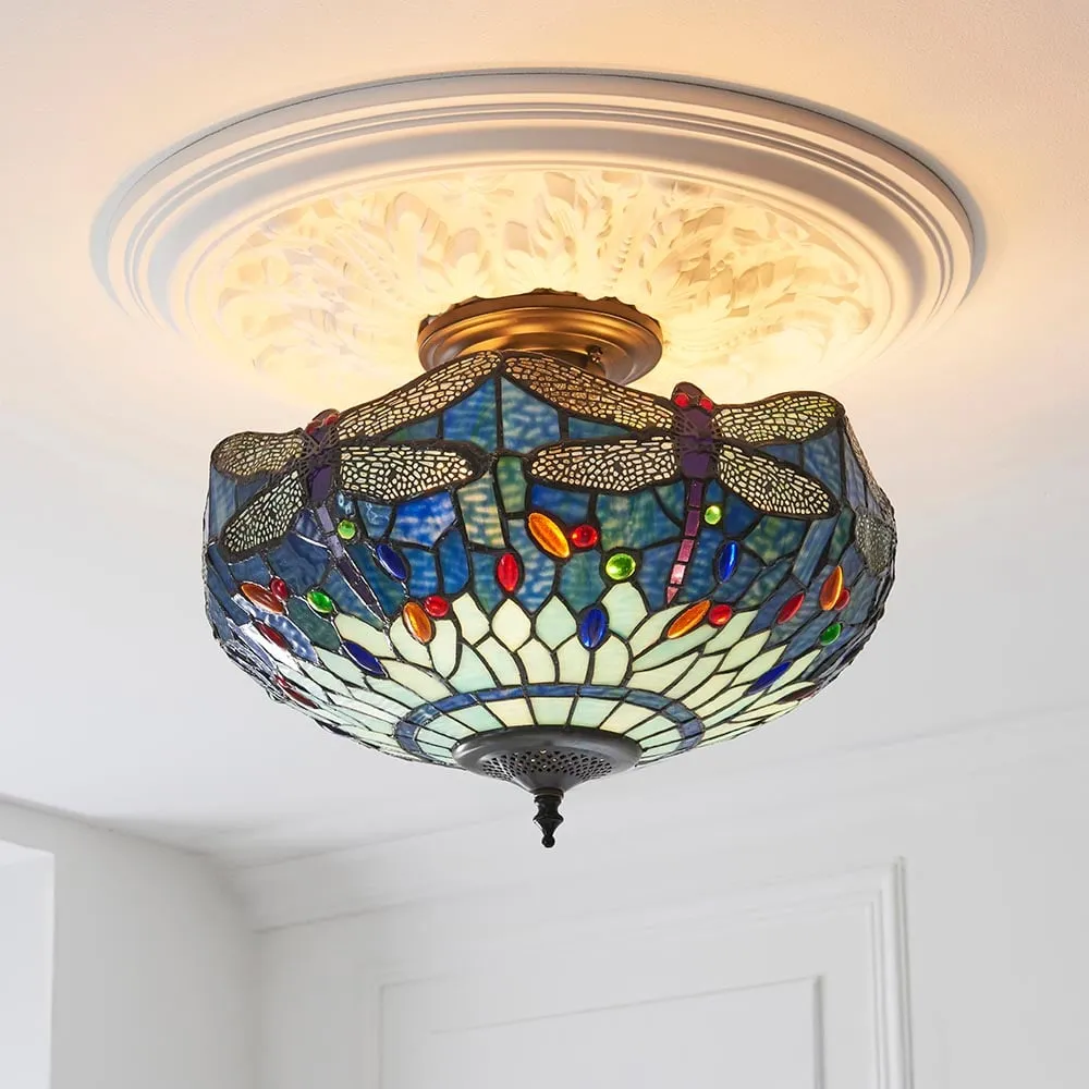 Dearborn Small Tiffany Glass Semi Flush Light - Multicolour