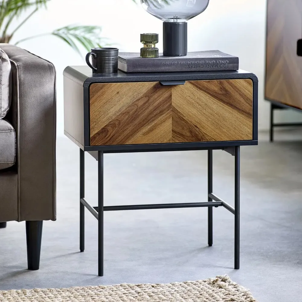 Decatur Wooden Lamp Table with Drawer - Light Brown, Black image