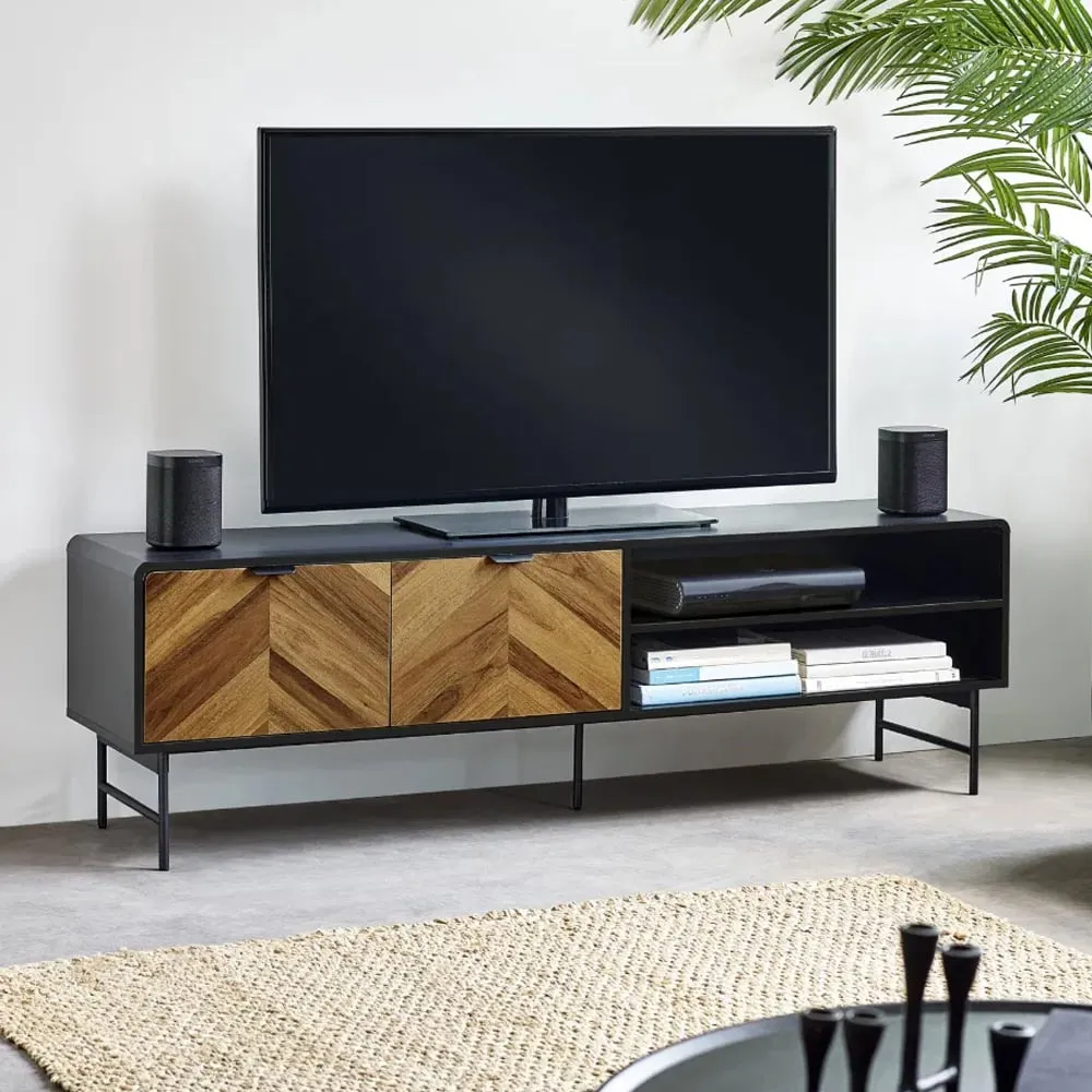 Decatur Wooden TV Stand with 2 Doors - Light Brown, Black