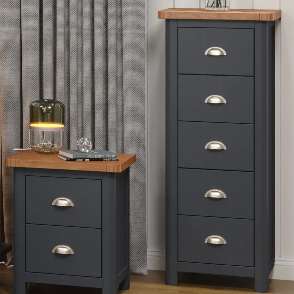 Delavan Narrow 5-Drawer Tallboy Chest - Midnight Blue, Oak image