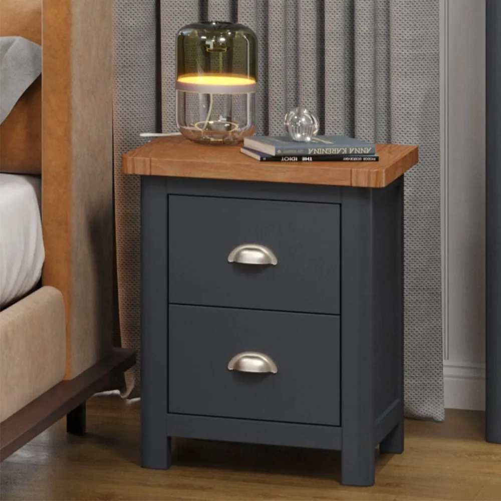 Delavan Tall Bedside Cabinet with 2 Drawers - Oak, Black