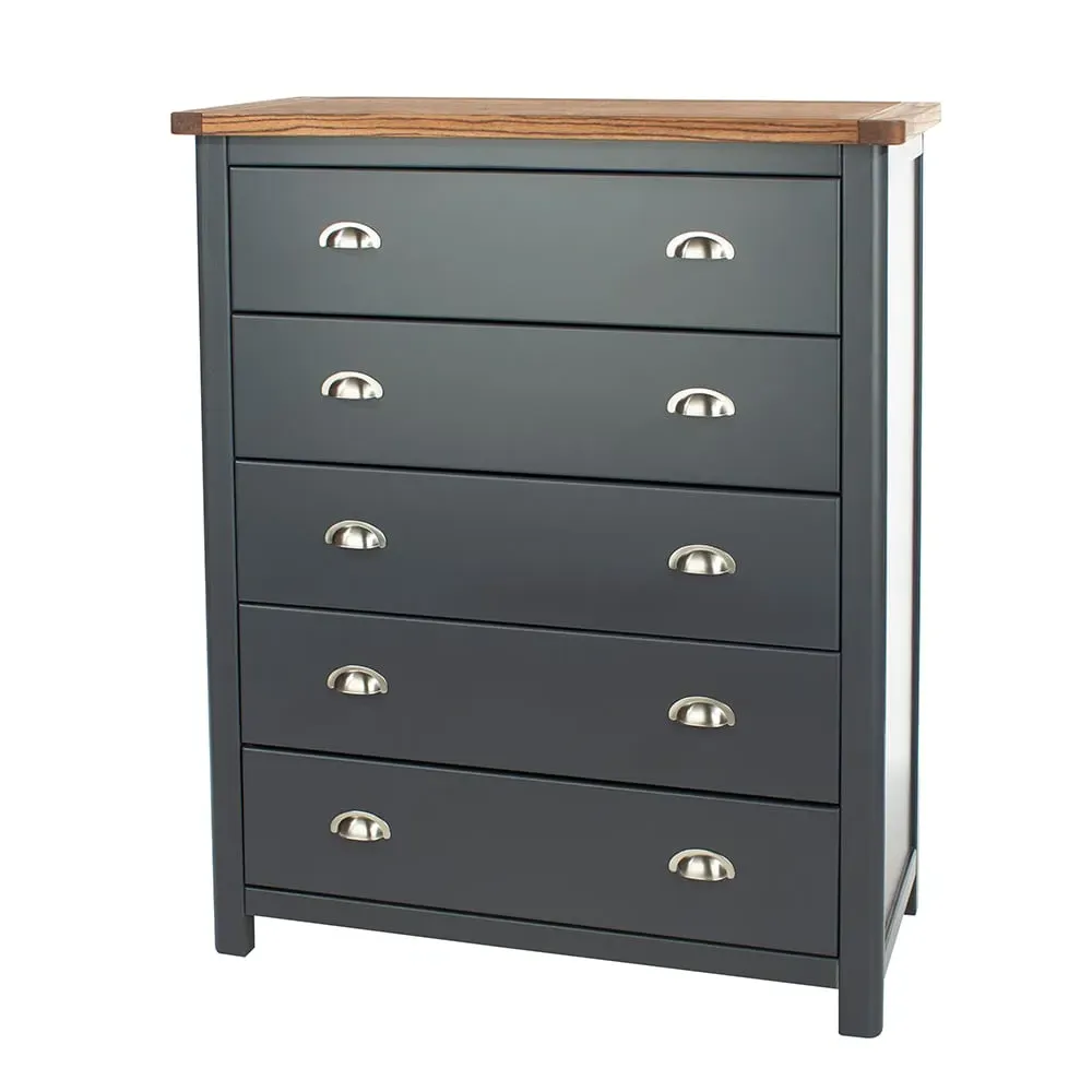 Delavan Wide 5-Drawer Tallboy Chest - Midnight Blue, Oak