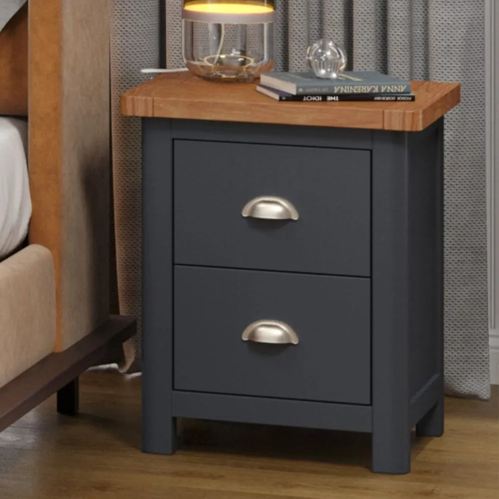 Delavan Wide Bedside Cabinet with 2 Drawers - Oak, Black