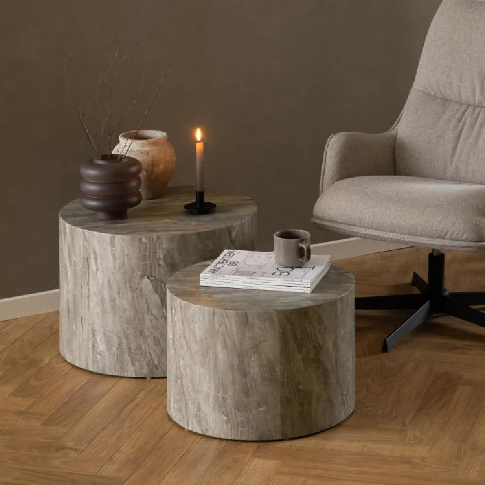 Delft Round Nesting Coffee Table Set - Grey Marble Effect, Wood product