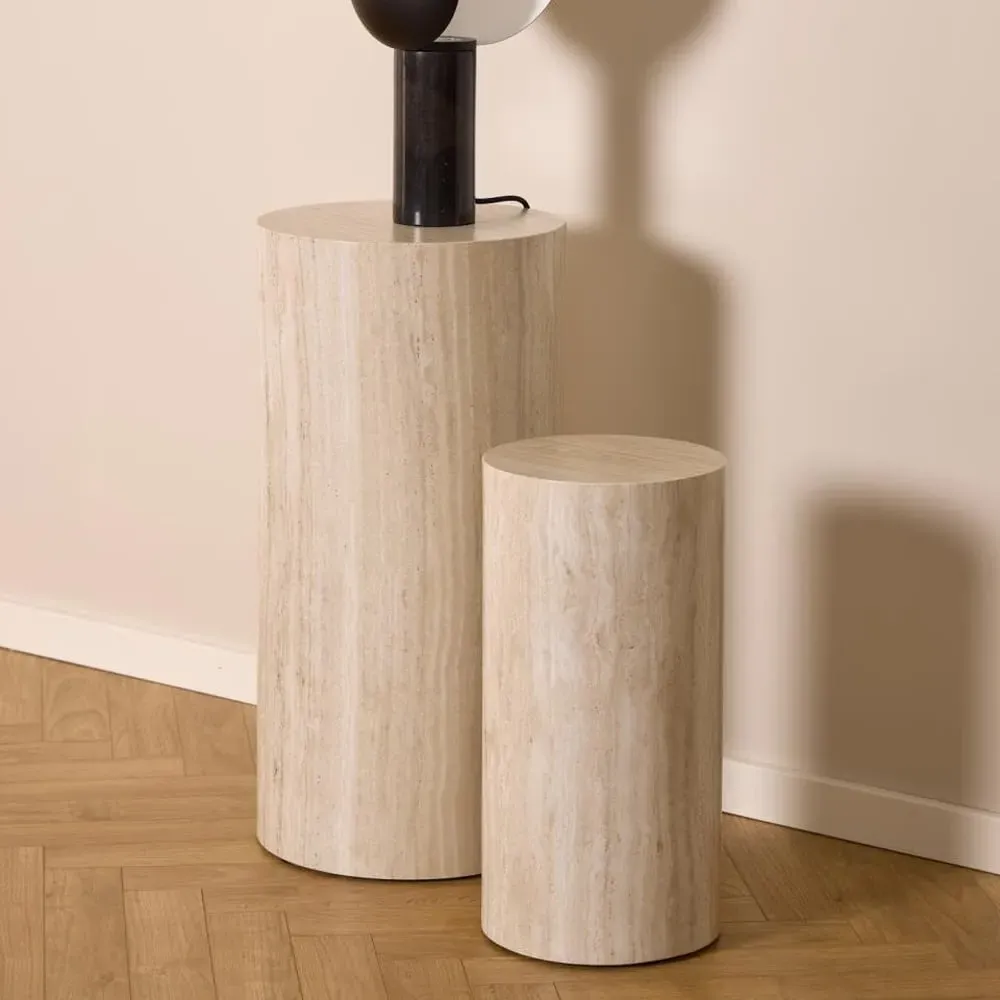 Delft Round Set of 2 Pedestals - Travertine, Wood image