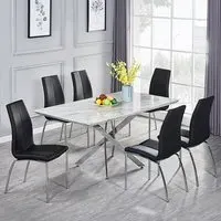 Deltino 6-Seater Dining Set with Opal Chairs - Marble Effect, Black