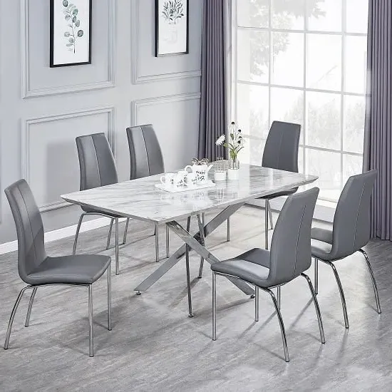 Deltino 6-Seater Dining Set with Opal Chairs - Marble Effect, Grey