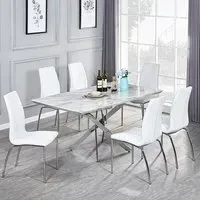 Deltino 6-Seater Dining Set with Opal Chairs - Marble Effect, White