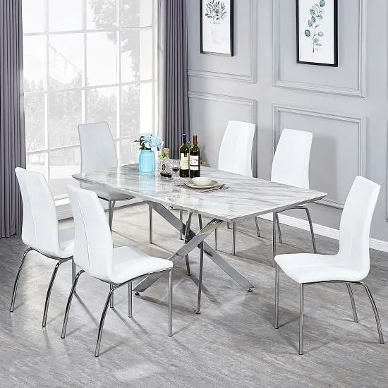 Deltino 6-Seater Dining Set with Opal Chairs - Marble Effect, White