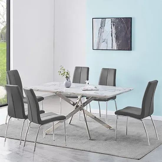 Deltino Dining Set with 6 Opal Chairs - Diva Marble Effect