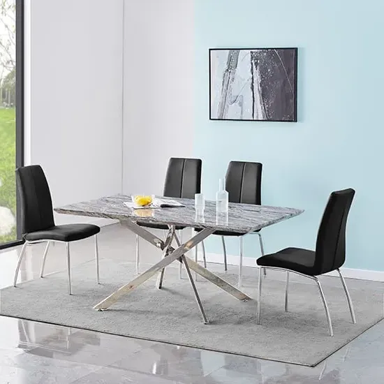 Deltino Dining Table with 4 Opal Chairs - Marble Effect, Black image
