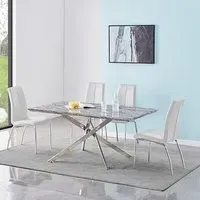 Deltino Dining Table with 4 Opal Chairs - Marble Effect, White