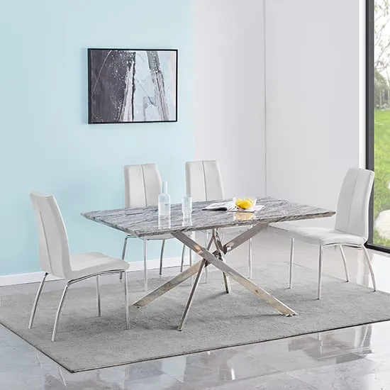 Deltino Dining Table with 4 Opal Chairs - Marble Effect, White