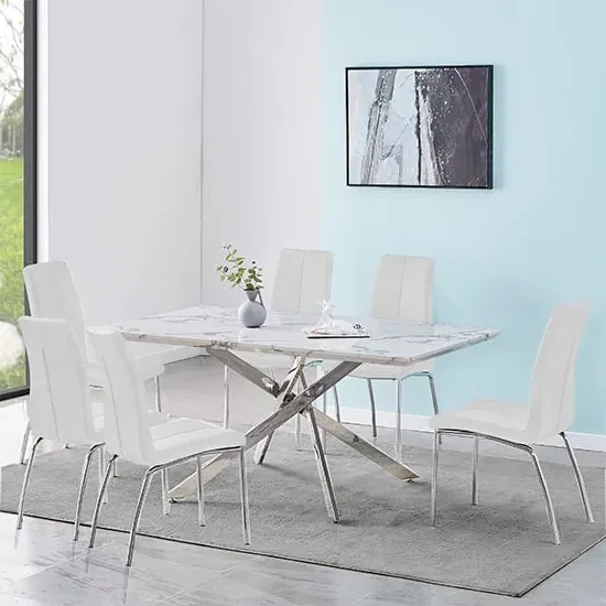 Deltino Dining Table with 6 Opal Chairs - Diva Marble Effect, MDF