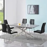 Deltino Dining Table with 6 Opal Chairs - Marble Effect, Black