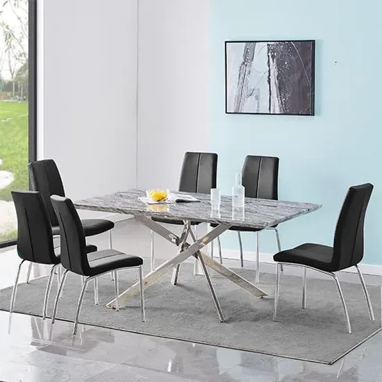 Deltino Dining Table with 6 Opal Chairs - Marble Effect, Black