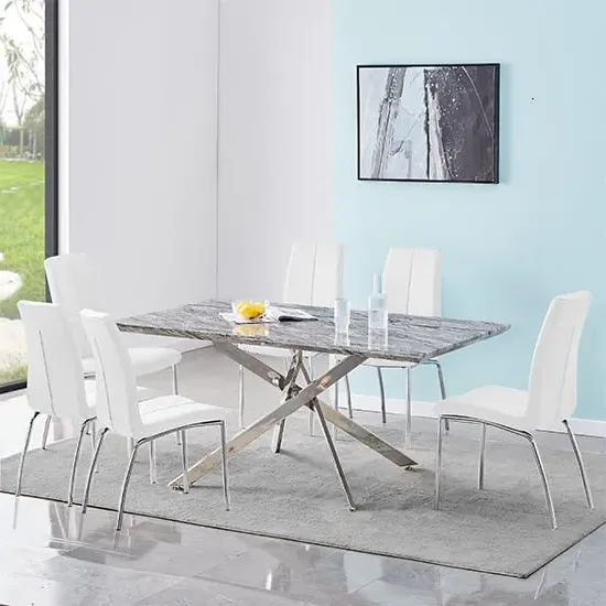 Deltino Dining Table with 6 Opal Chairs - Marble Effect, White