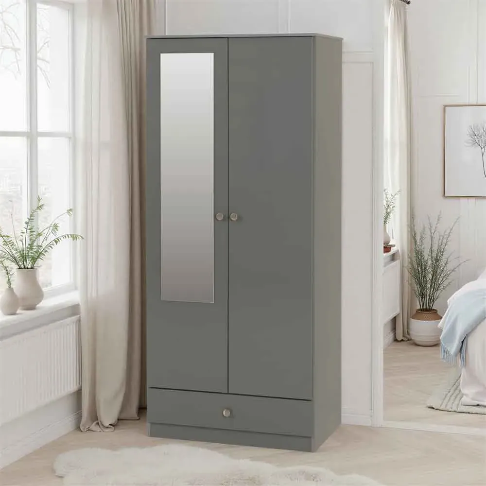 Delvian 2-Door Wardrobe with Drawer - Grey, High Gloss product
