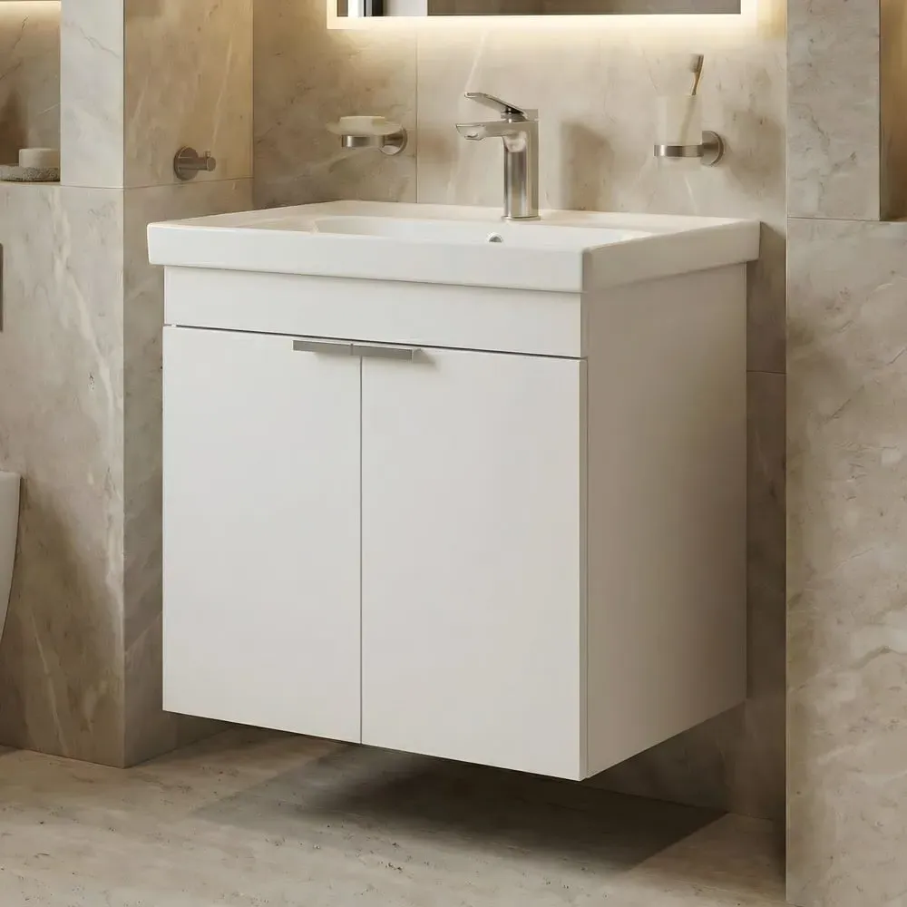 Desna 600mm Wall Mounted Vanity Unit & Basin with 2 Doors - Matte White product