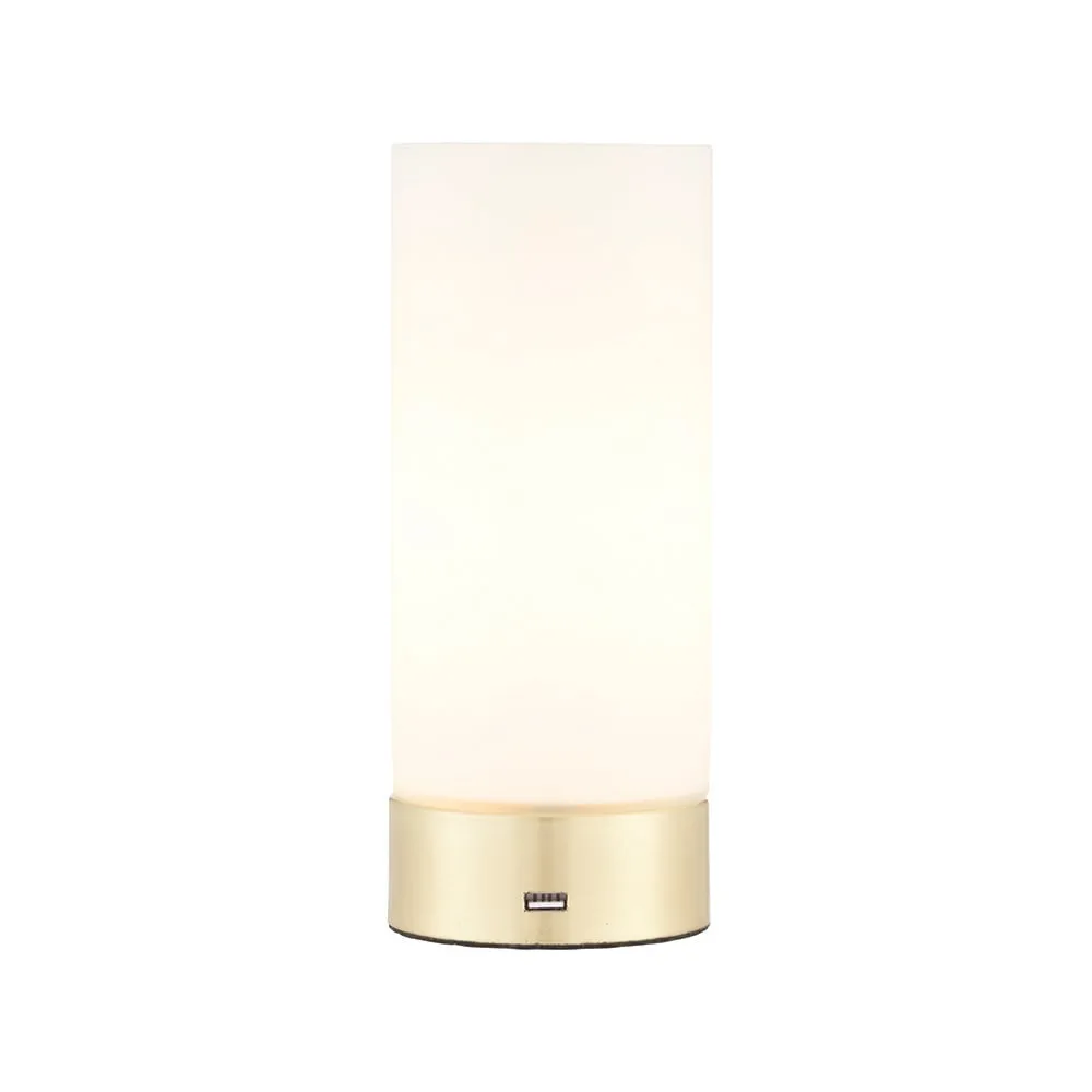 Destin Cylindrical Table Lamp with USB - Brass, Opal Glass image