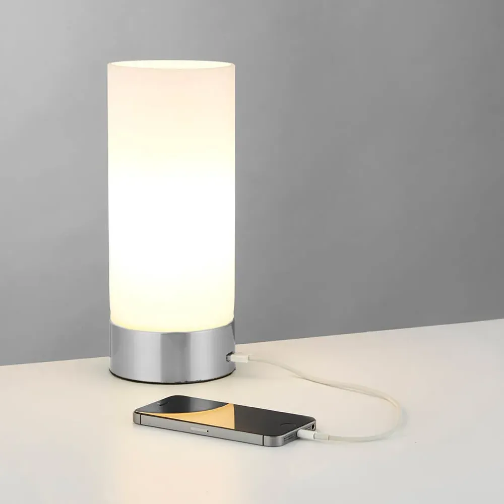 Destin Cylindrical Table Lamp with USB - Chrome, Opal Glass
