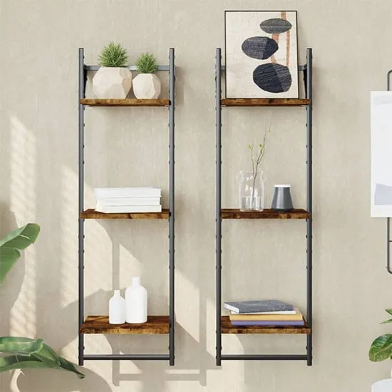 Destin Set of 2 3-Tier Wall Shelves - Smoked Oak