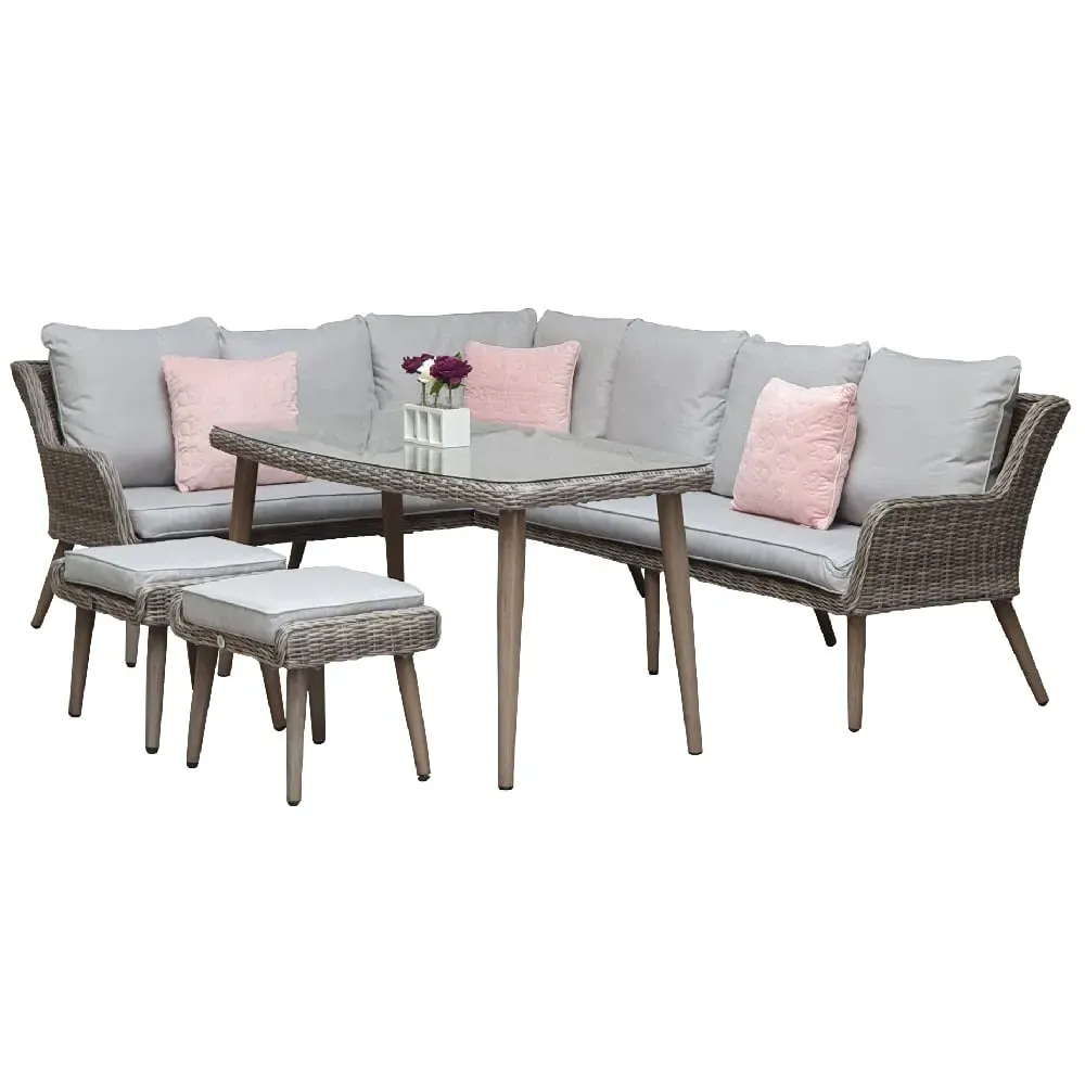 Deven Glass Top Garden Sofa Dining Set with 2 Ottomans - Grey image
