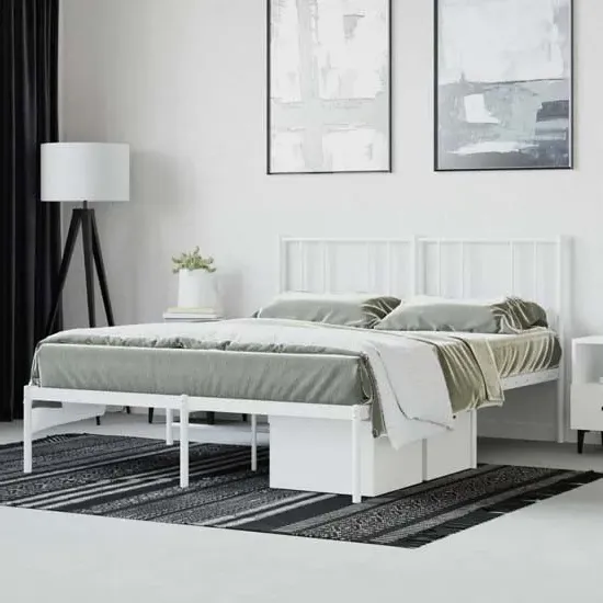 Devlin King Size Bed Frame with Headboard - White, Steel