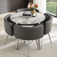 Diego Filo Round Dining Set with 4 Chairs - Grey, Marble Effect