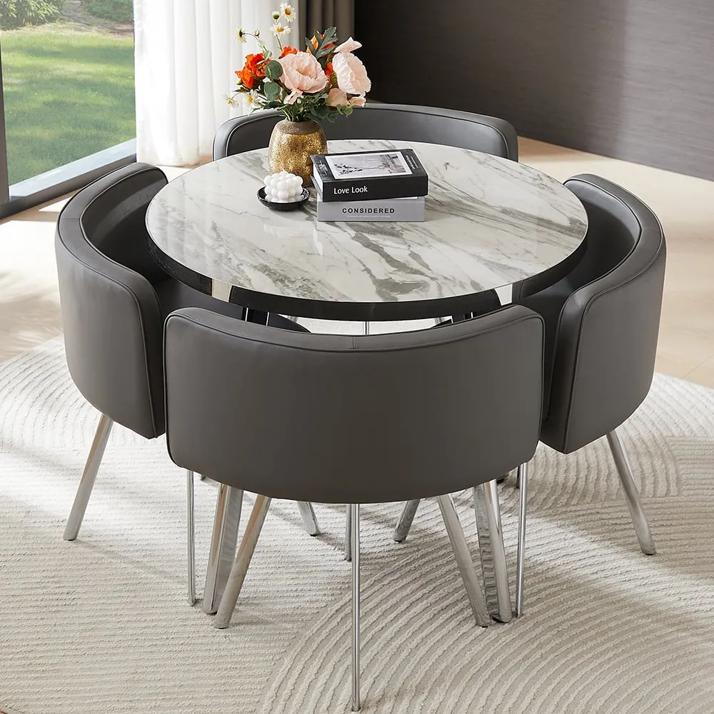 Diego Filo Round Dining Set with 4 Chairs - Grey, Marble Effect image