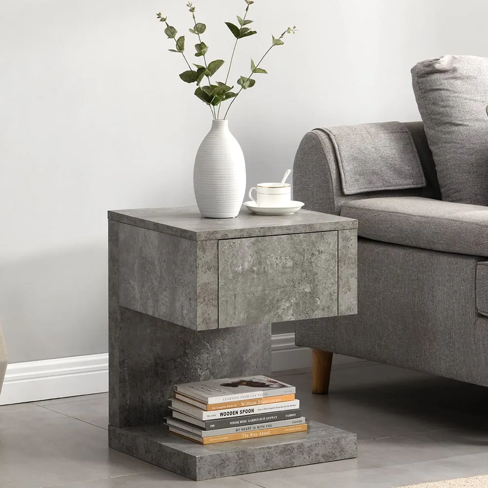 Dixon Wooden Bedside Cabinet with Drawer - Concrete Effect image