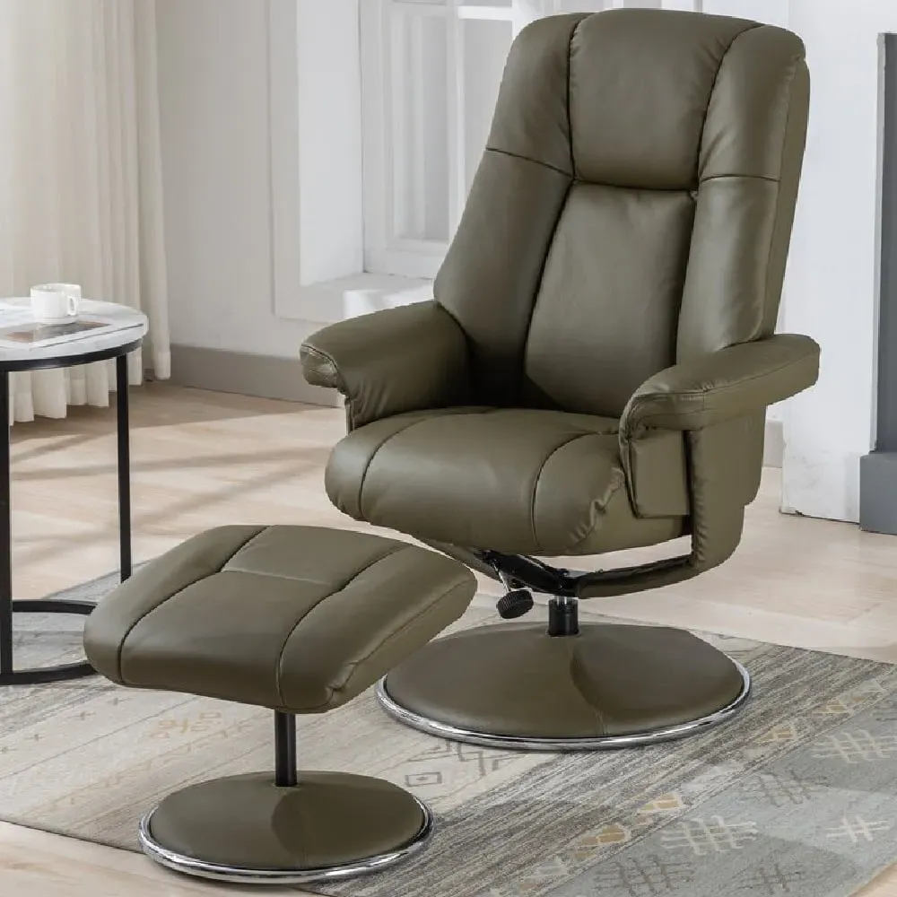 Dollis Swivel Recliner Chair with Stool - Olive Green, Leather