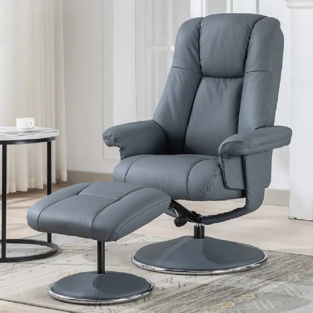 Dollis Swivel Recliner Chair with Stool - Petrol Blue, Leather