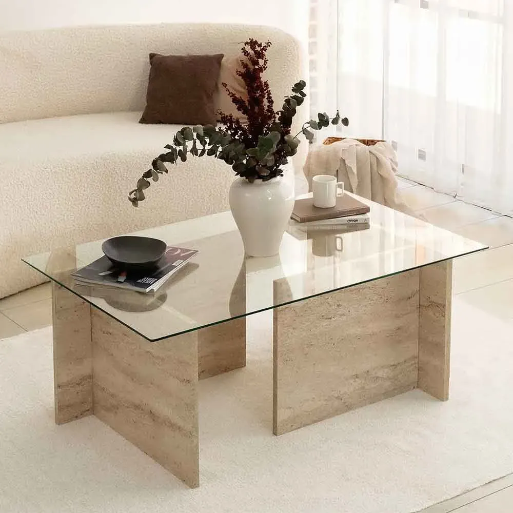 Dorvian Coffee Table - Tempered Glass, Travertine Marble Effect product