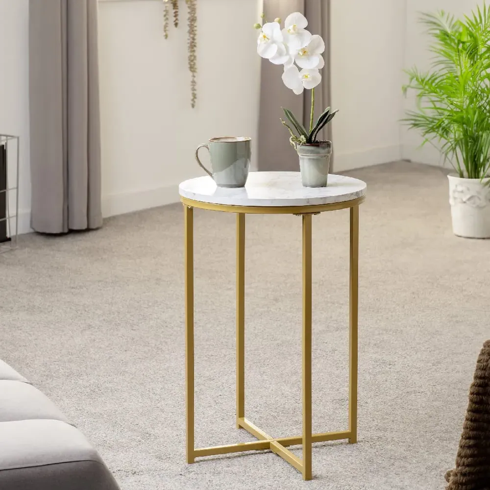 Dover Side Table with Gold Frame - White, Wood image