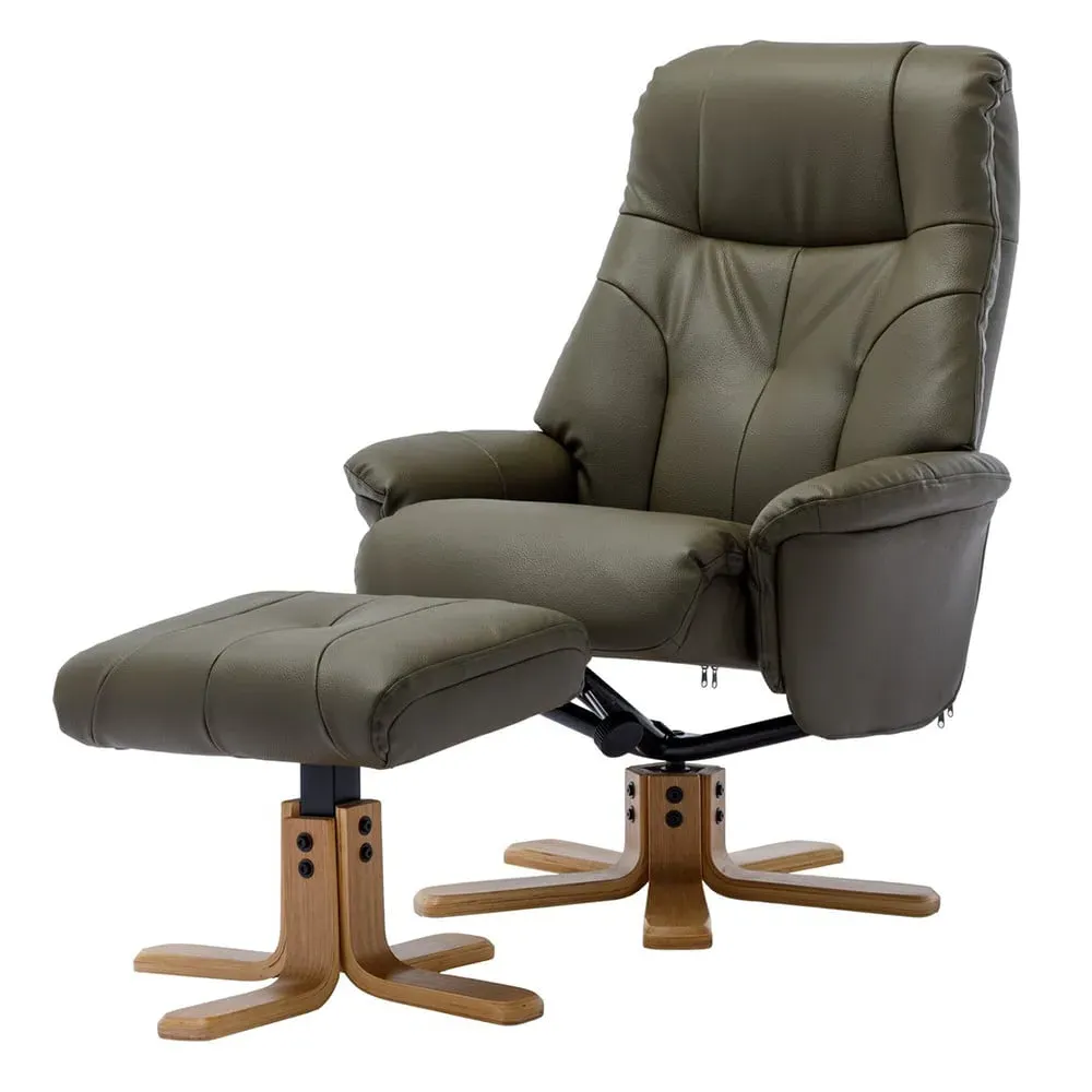 Dox Swivel Recliner Chair with Stool - Olive Green, Leather