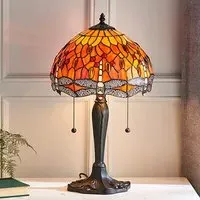 Dragonfly Flame Small Tiffany Glass Table Lamp - Dark Bronze