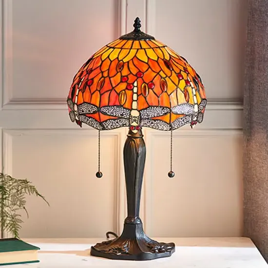 Dragonfly Flame Small Tiffany Glass Table Lamp - Dark Bronze