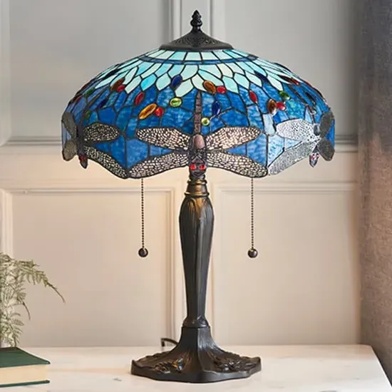 Dragonfly Medium Tiffany Glass Table Lamp - Blue, Dark Bronze